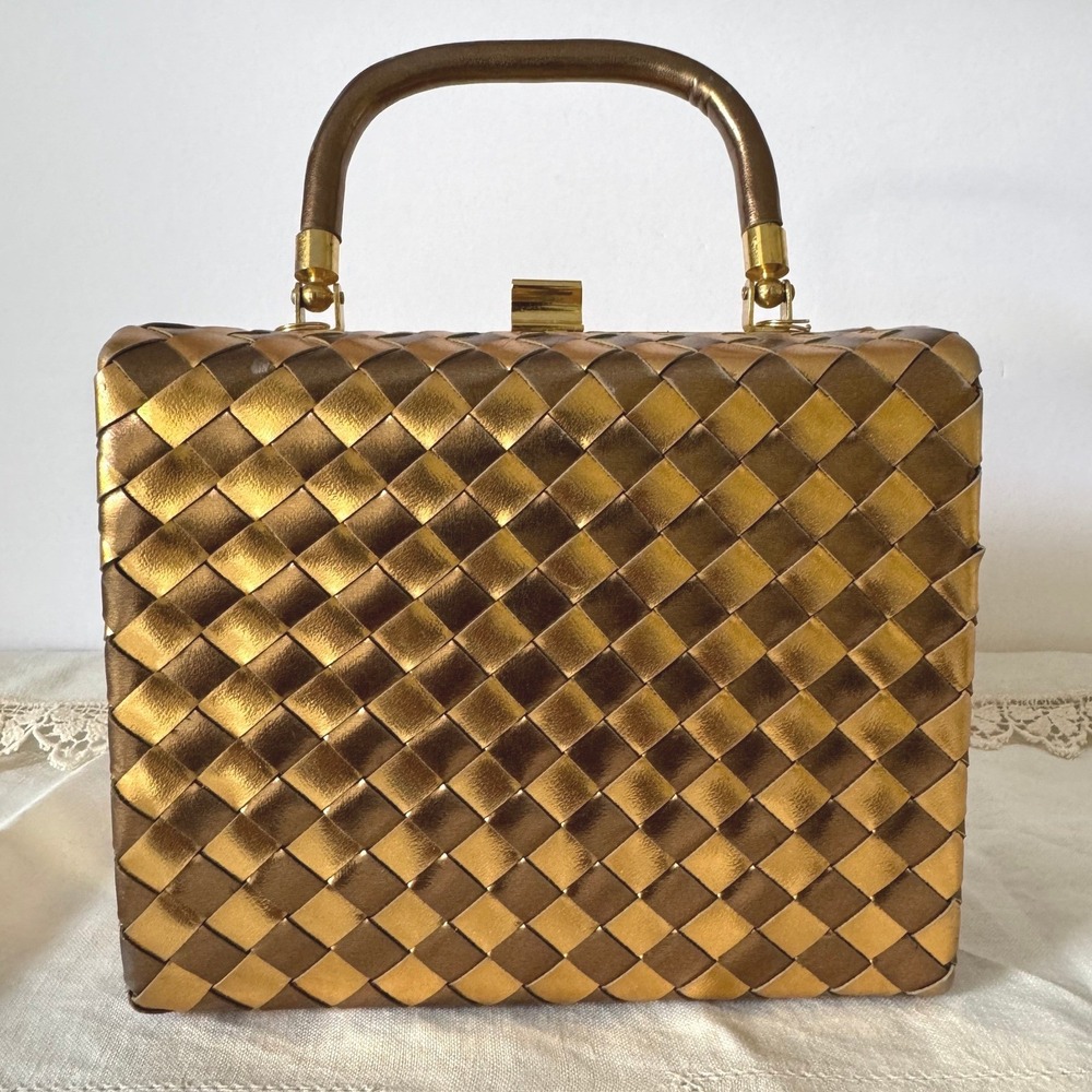 Vintage Gold Woven Box Purse Metallic Vinyl Hard Shell Evening Bag 1980s